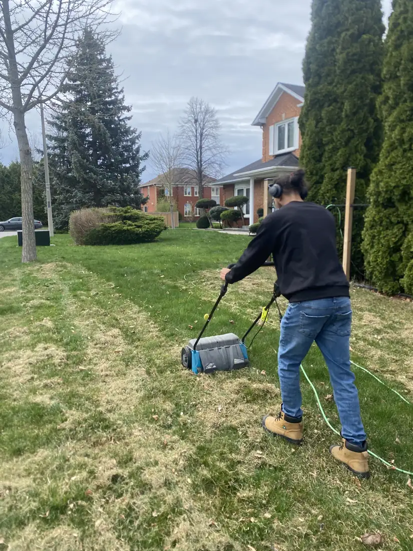 Working over a back lawn with electric yard equipment